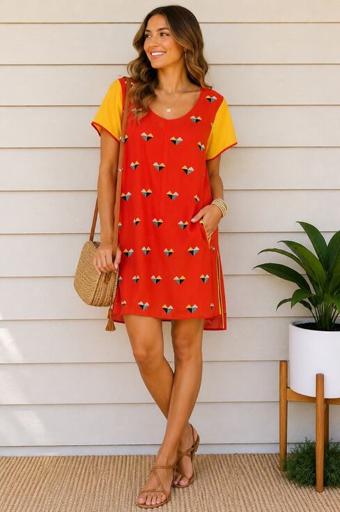 Paislei Dresses & Skirts - Paislei Red Yellow Embroidered Heart Tunic Dress Size L